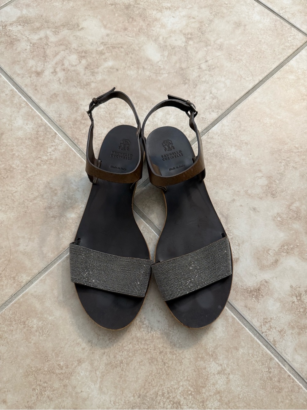 Brunello Cucinelli Black Leather Sandals with Crystal Strap